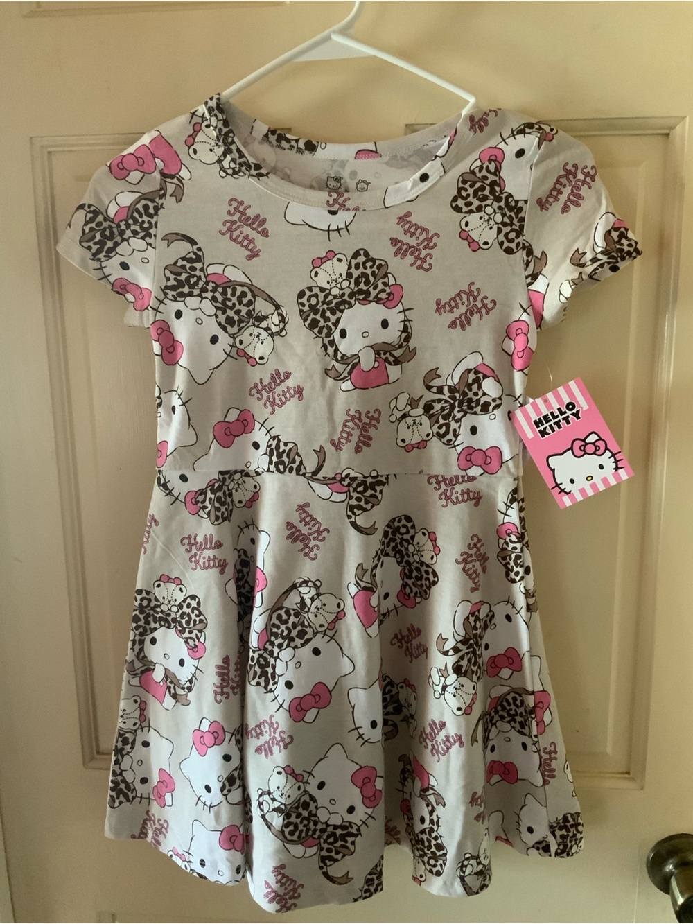Hello Kitty Pink, White & Brown Leopard Bow Skater Dress